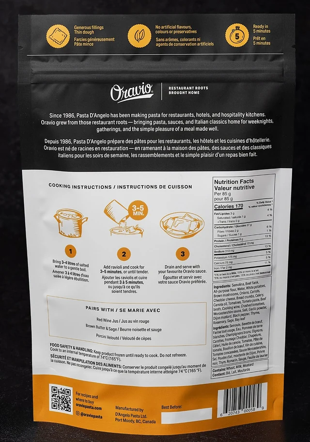 Oravio Braised Beef Large Ravioli package, back, with cooking instructions and nutrition facts