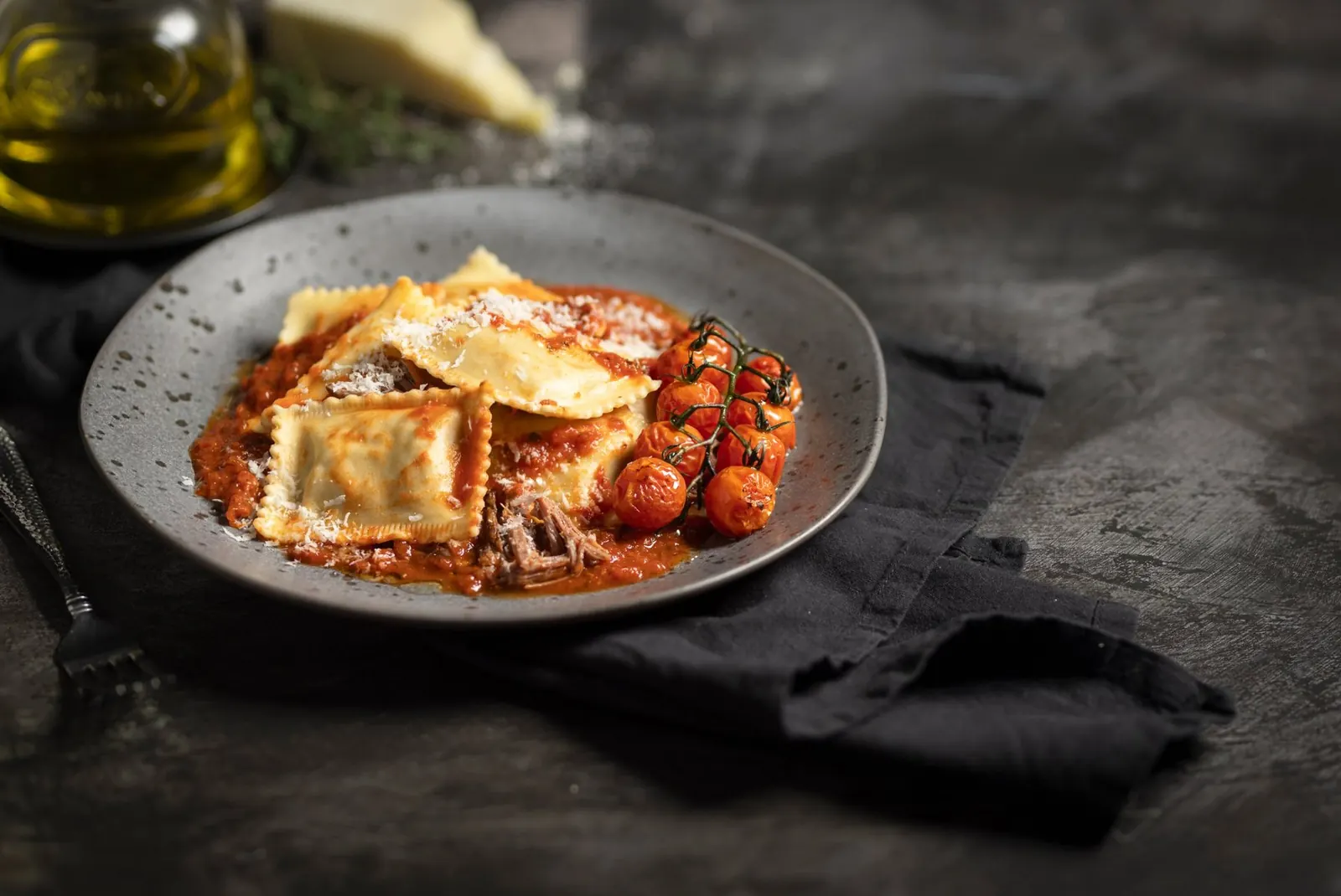 Braised Beef Large Ravioli plated