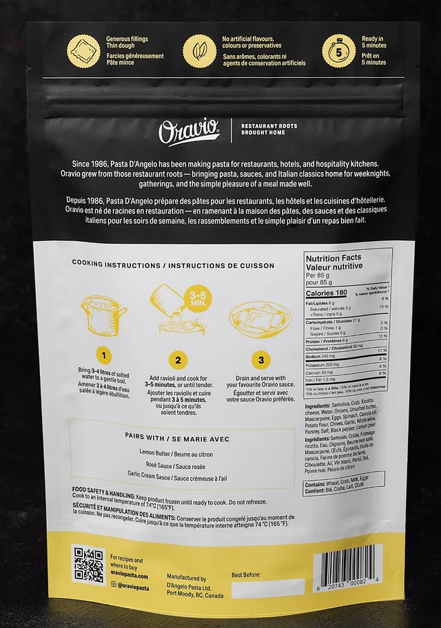 Oravio Lemon Herb Crab Large Ravioli package, back, with cooking instructions and nutrition facts