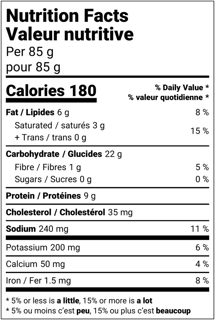Nutrition facts table for Lemon Herb Crab Large Ravioli