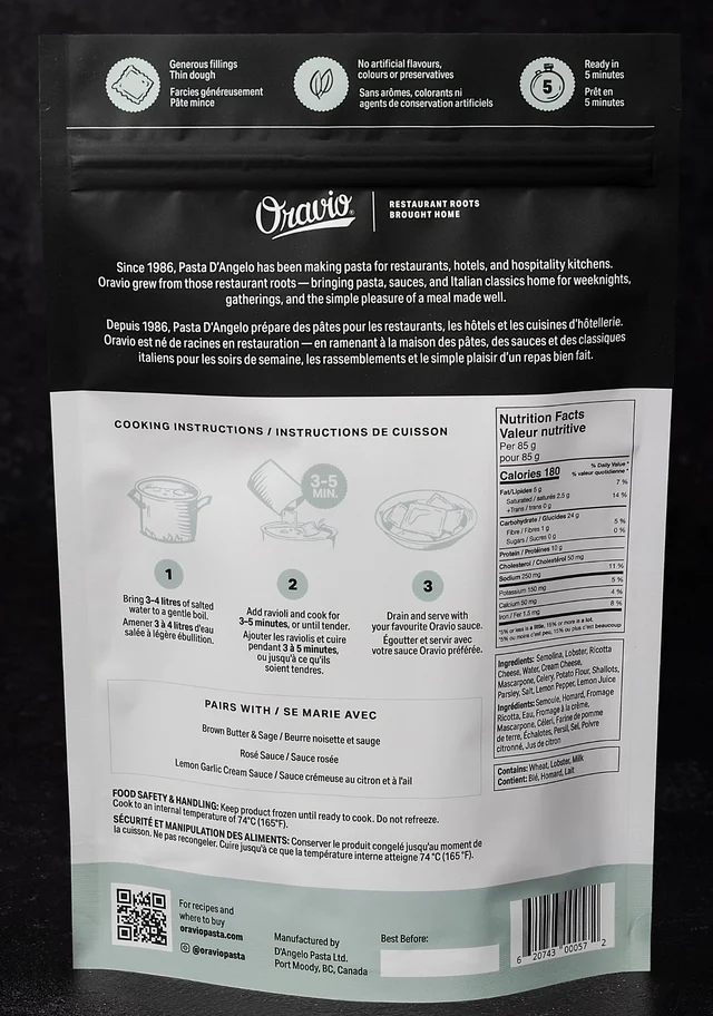 Oravio Lobster & Mascarpone Large Ravioli package, back, with cooking instructions and nutrition facts