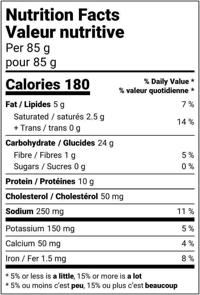Nutrition facts table for Lobster & Mascarpone Large Ravioli