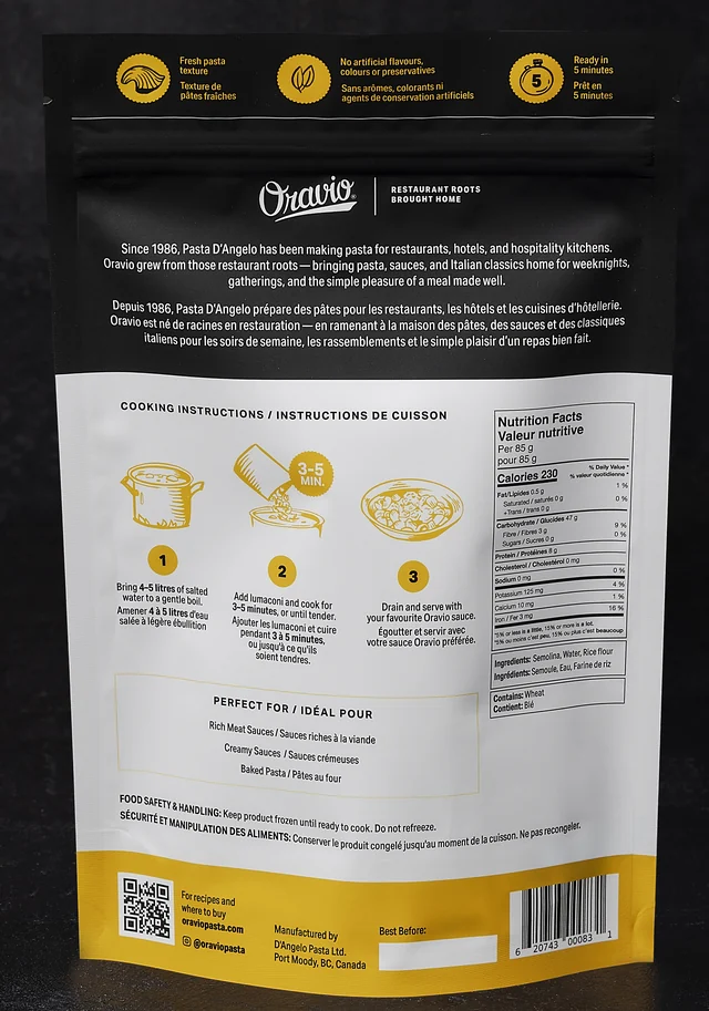 Oravio Lumaconi package, back, with cooking instructions and nutrition facts