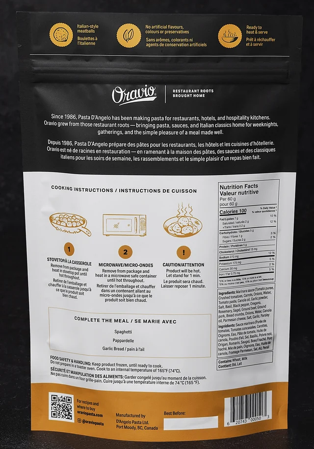Oravio Meatballs in Marinara Sauce package, back, with cooking instructions and nutrition facts