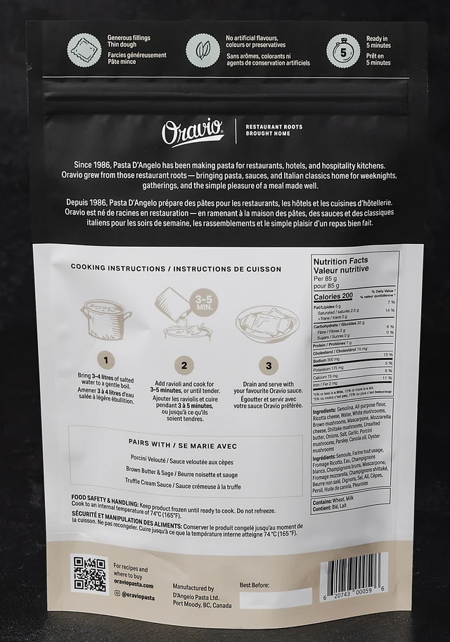 Oravio Wild Mushroom Mascarpone Ravioli package, back, with cooking instructions and nutrition facts