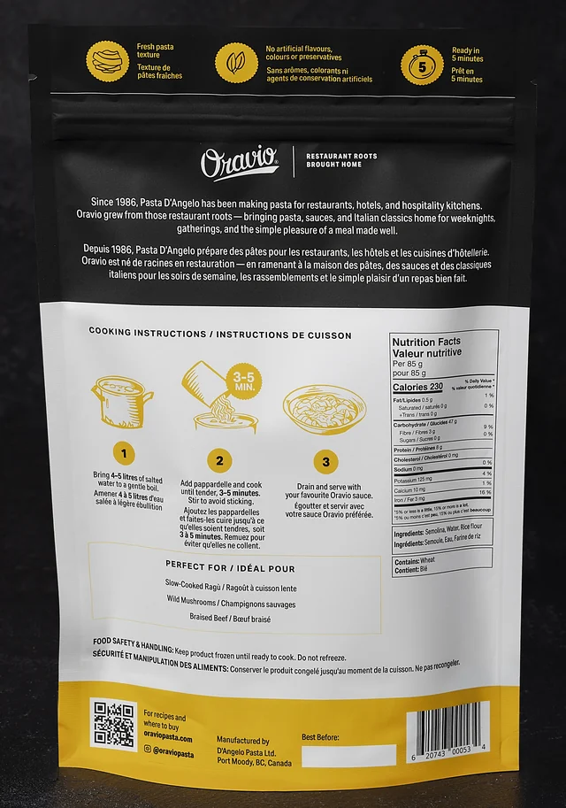 Oravio Pappardelle package, back, with cooking instructions and nutrition facts