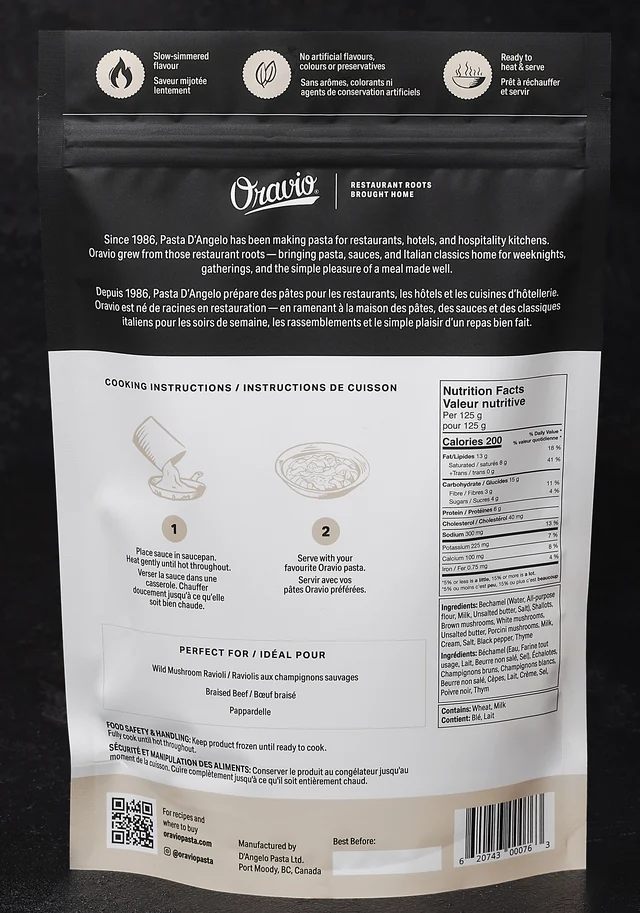 Oravio Porcini Velouté package, back, with cooking instructions and nutrition facts