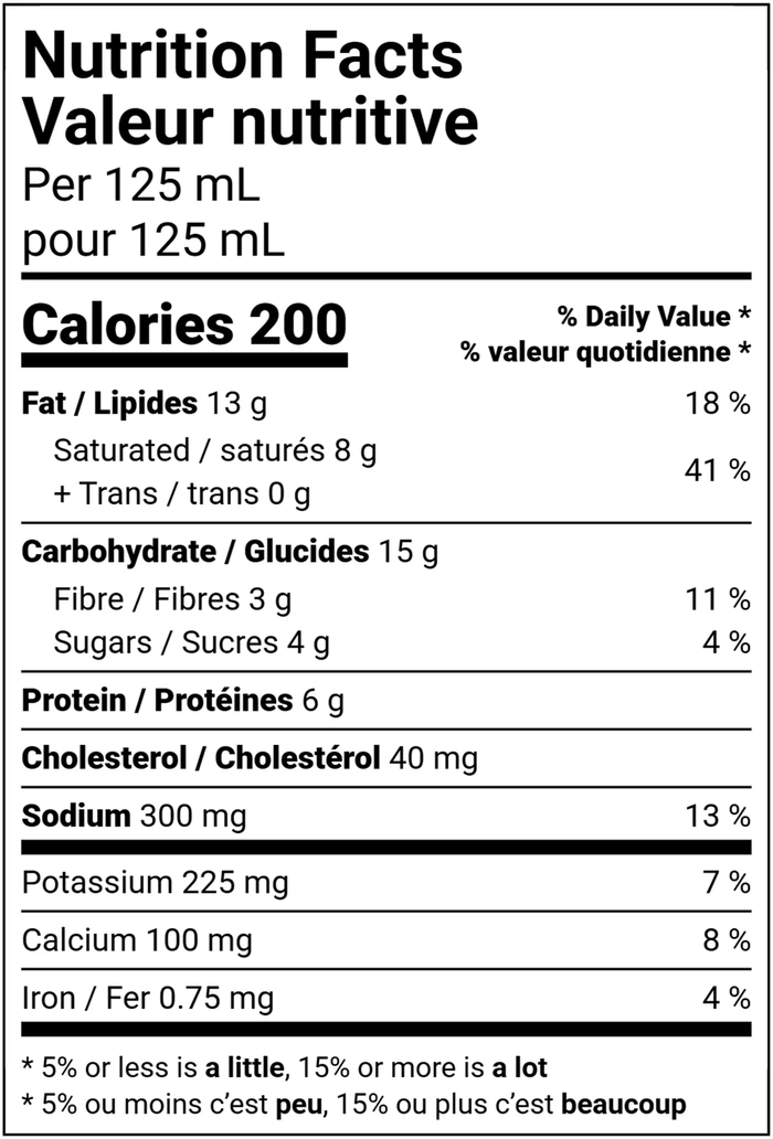 Nutrition facts table for Porcini Velouté