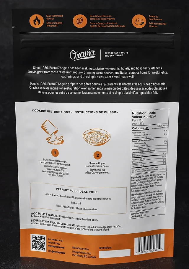 Oravio Rosé Sauce package, back, with cooking instructions and nutrition facts