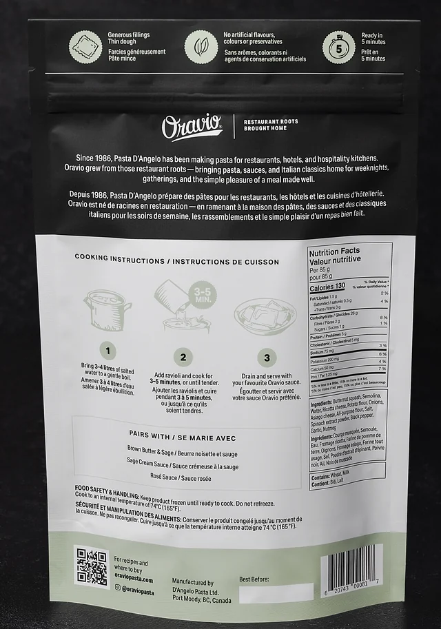 Oravio Roasted Butternut Squash Large Ravioli package, back, with cooking instructions and nutrition facts