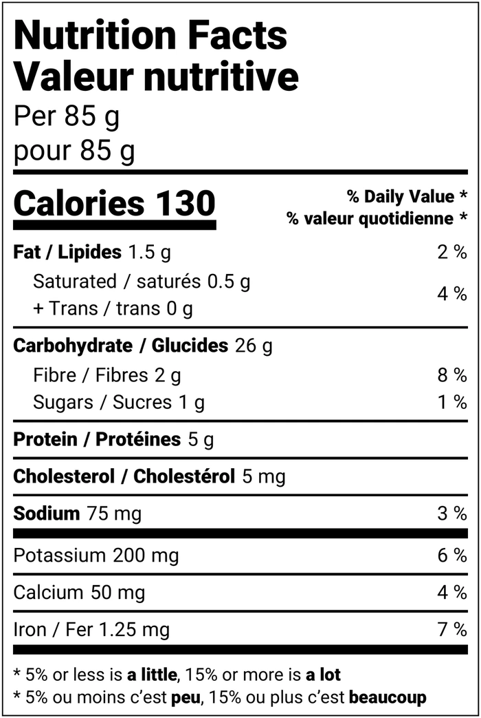 Nutrition facts table for Roasted Butternut Squash Large Ravioli