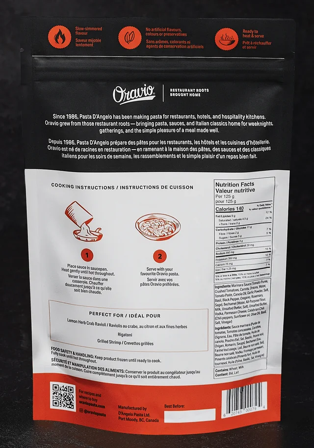 Oravio Spicy Vodka Sauce package, back, with cooking instructions and nutrition facts
