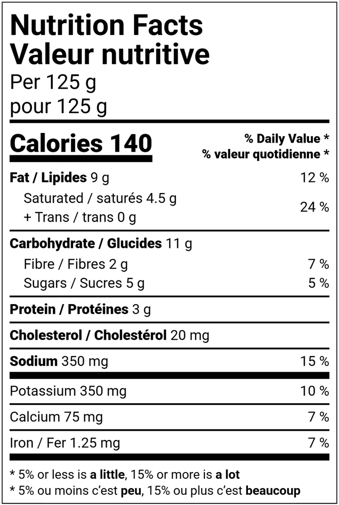 Nutrition facts table for Spicy Vodka Sauce